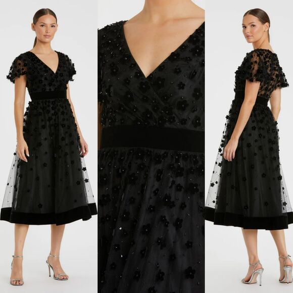 Mac Duggal Black Embellished Butterfly Sleeve Velvet Hem 12 Midi Dress 67854 New - Picture 1 of 8